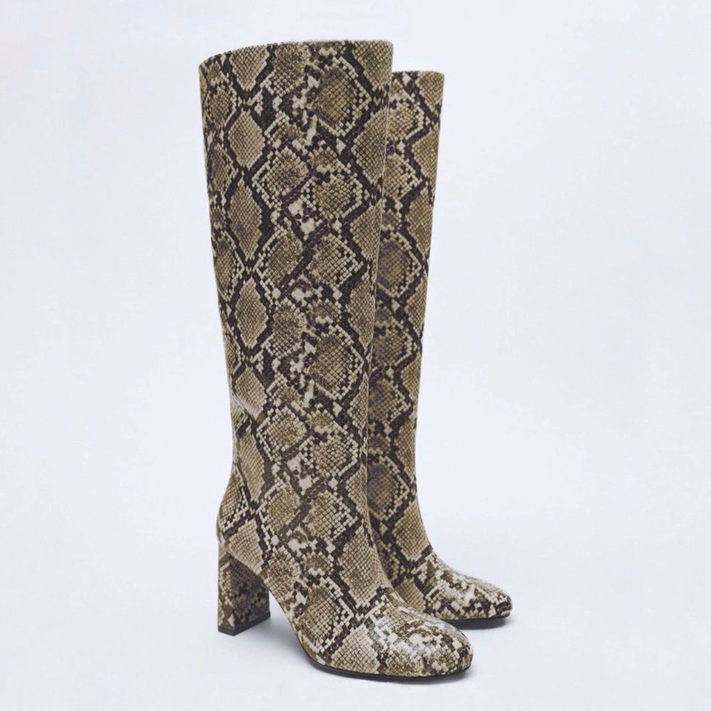 Zara Snake Print Knee High Block Heeled Boots